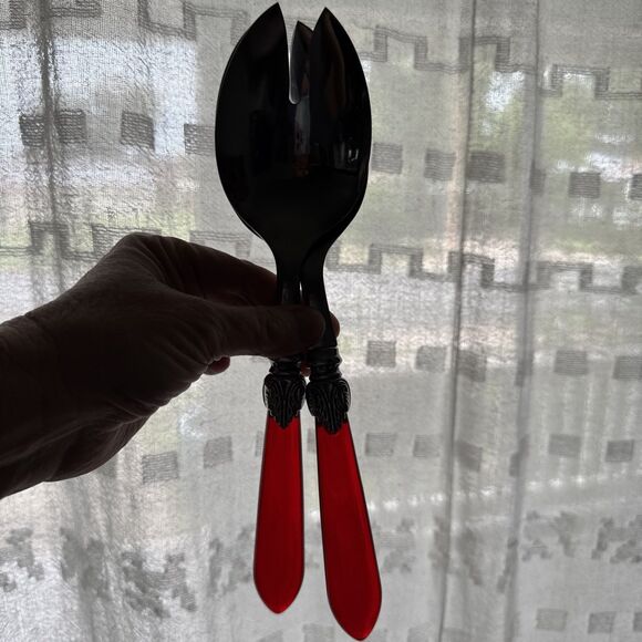 Ruby Red Handled Salad Serving Untensils/Sporks 10 Inches Clear Red Handles - Picture 11 of 11